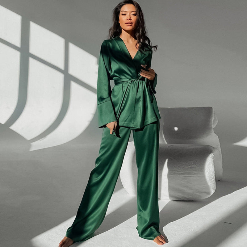 Women Fashion Loose Ice Silk Comfortable Long Sleeve Pajamas Set