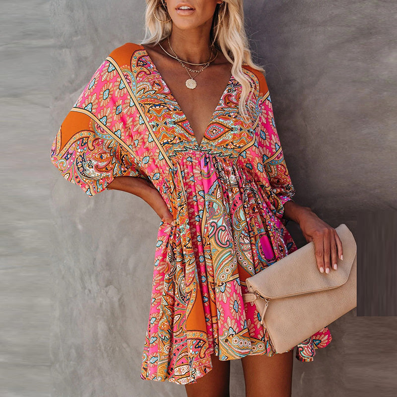 Bohemian Women Elegant Vintage V Neck Ruffled Long Flare Sleeves Mini Dress