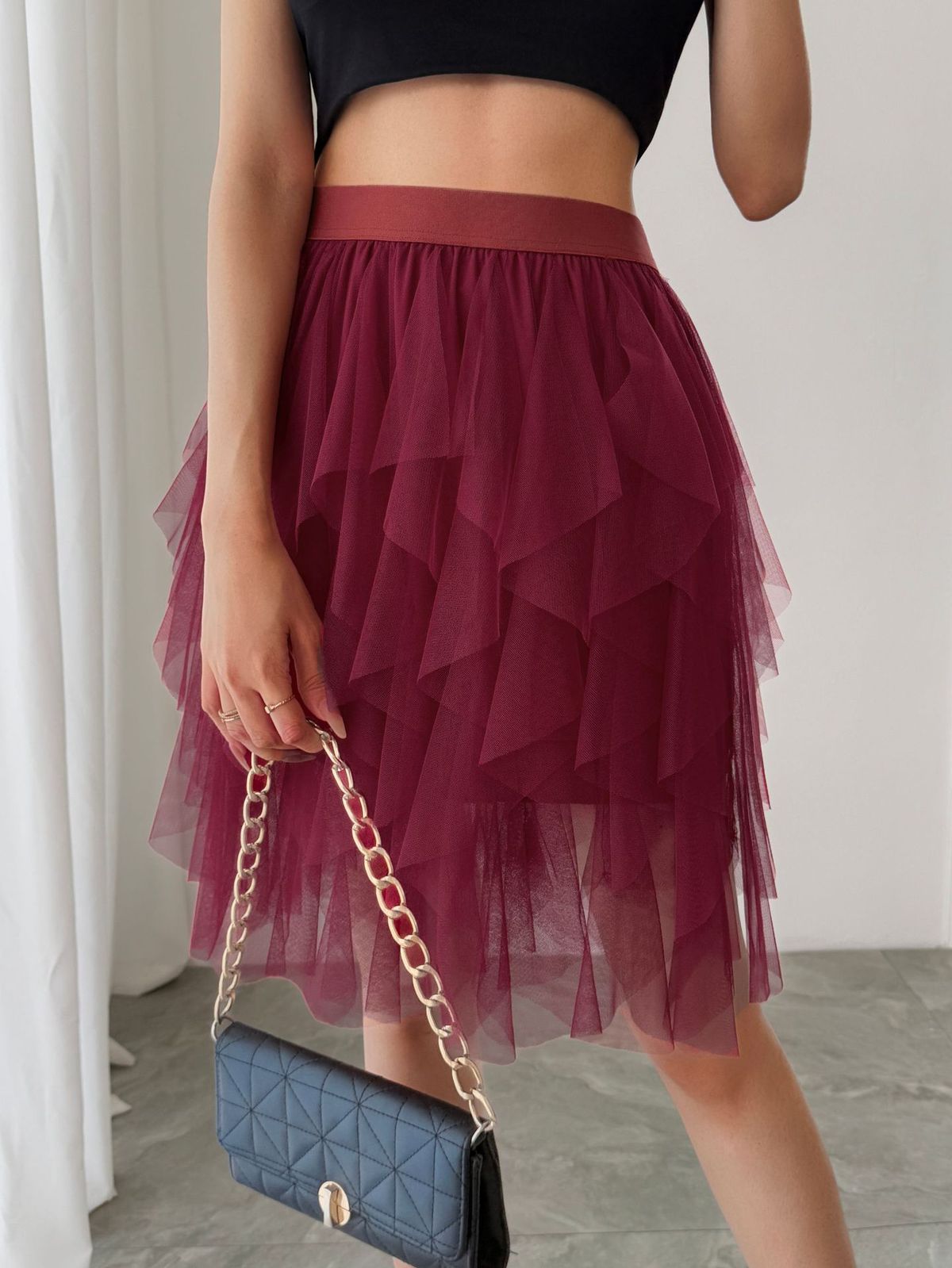 Women Fashion Solid Color Mesh Irregular Hem Skirt