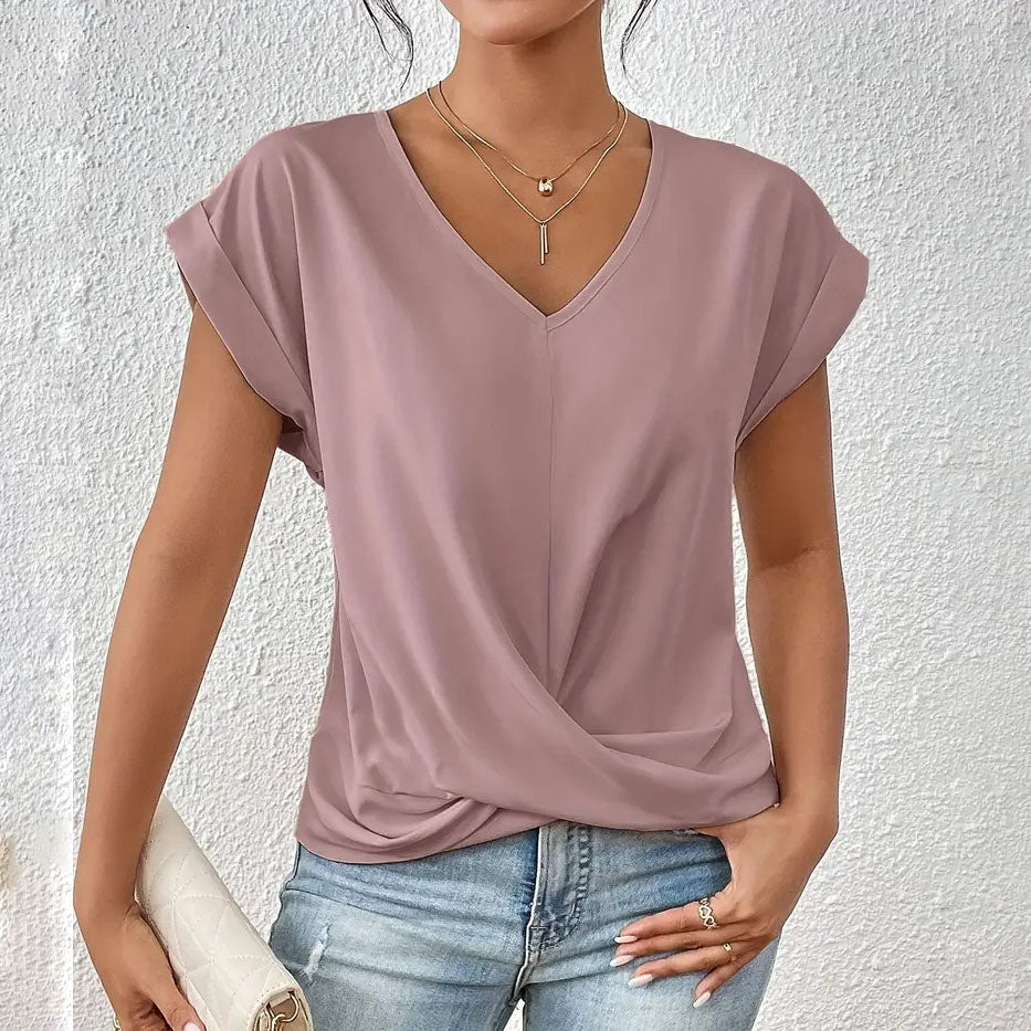 Summer Women Casual Solid Color V-Neck Short Sleeve Blank T-Shirt