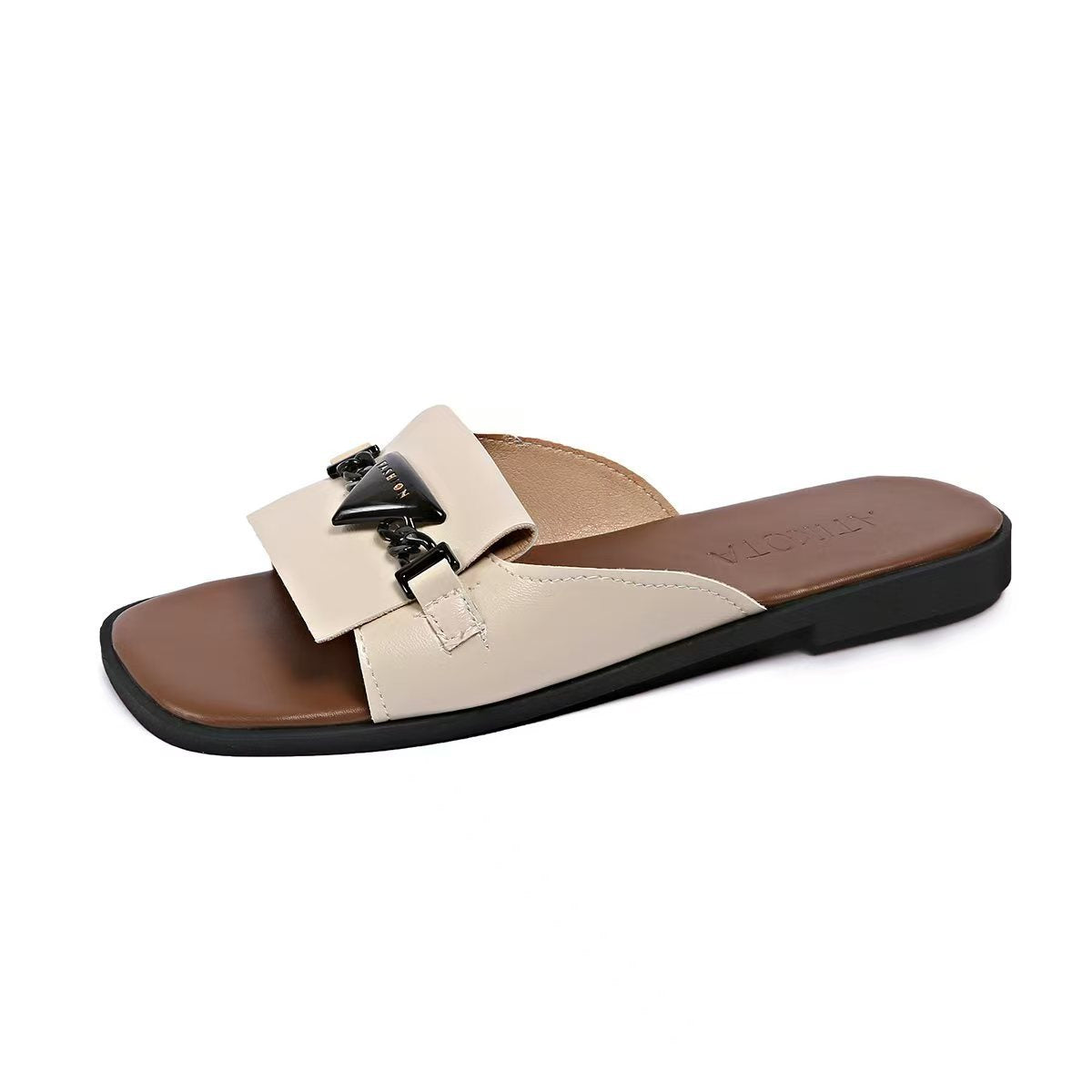 Women Casual Silver Buckle Square Toe Flat Slippers