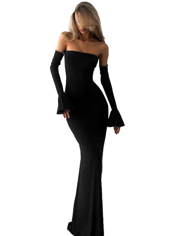 Women Elegant Solid Color Strapless Maxi Dress