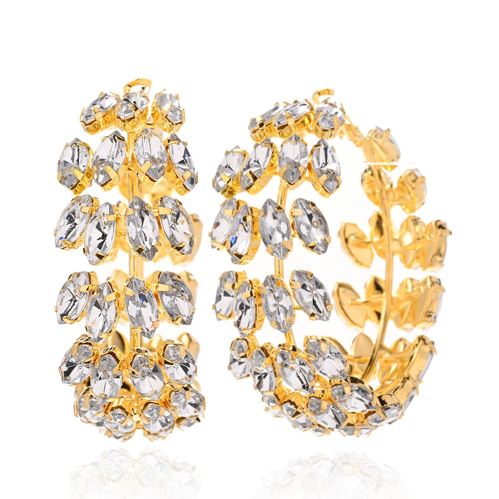 Exaggerated Geometric Rhinestone Hoop Earrings Gold Silver
