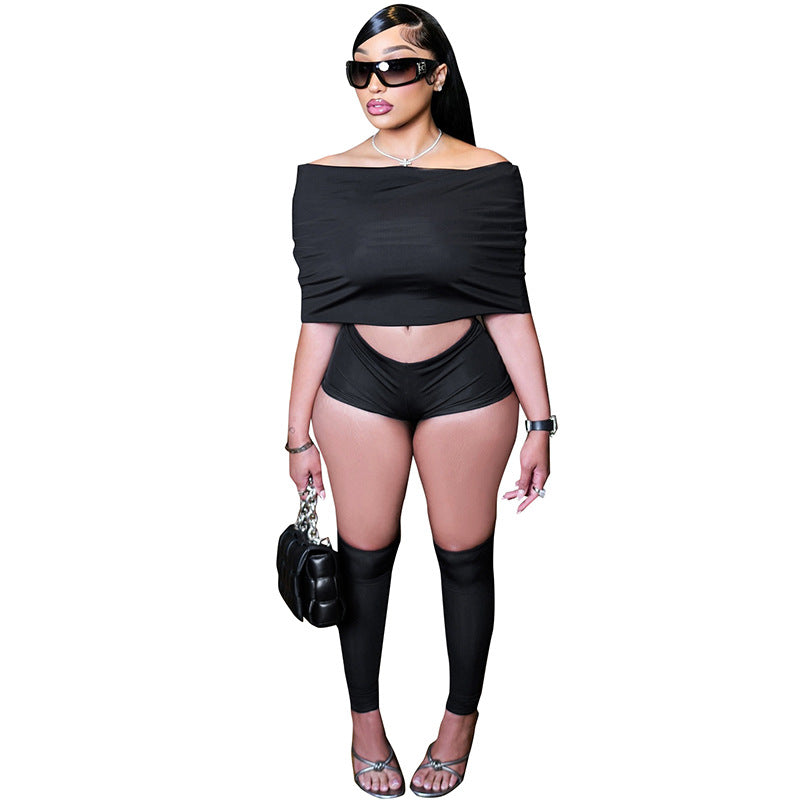 Conjunto de tres piezas para mujer, sexy, con hombros descubiertos, solapa, pantalones cortos y calcetines de pantorrilla