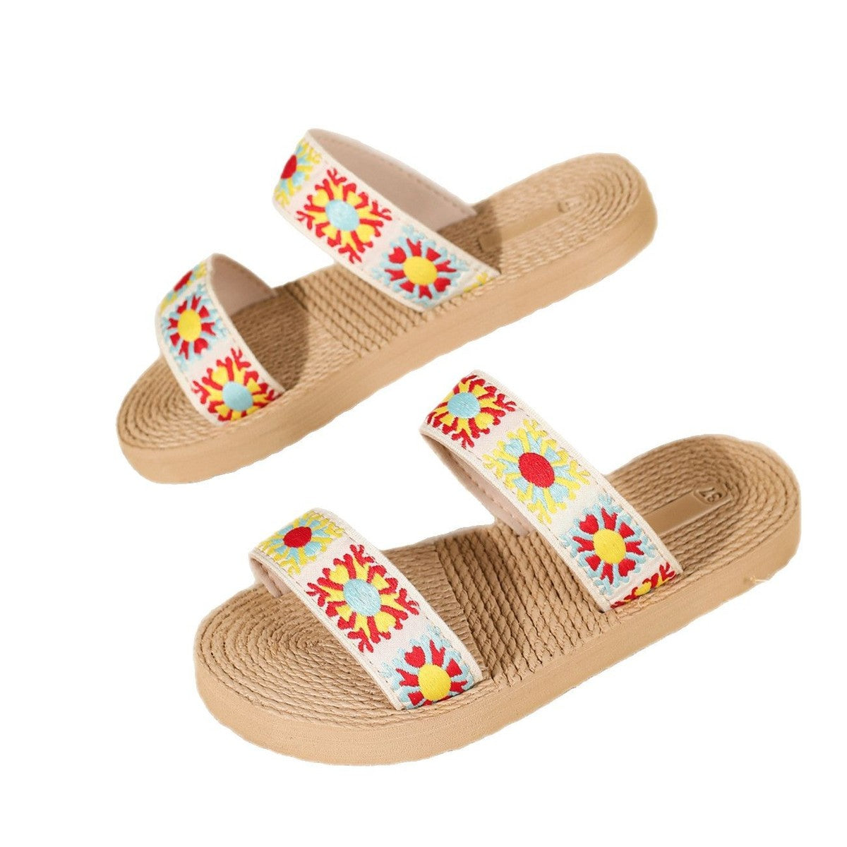 Chaussons plats d'été pour femmes, style bohème, ethnique, vintage, à fleurs