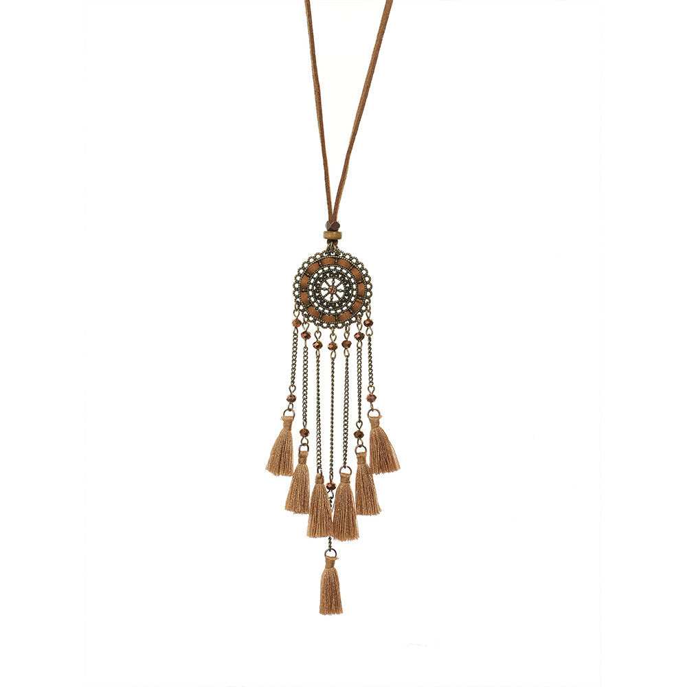 Collar largo con colgante de borla hueca, estilo retro, hecho a mano, para mujer