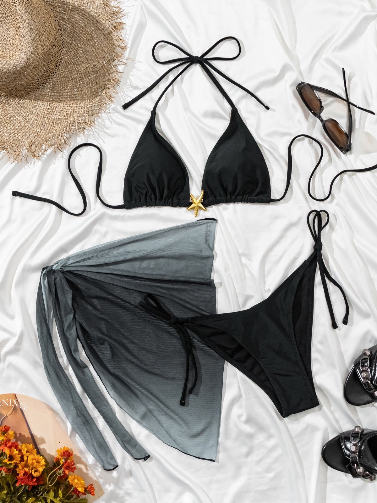 Conjunto de bikini de malla con cordones y cuello halter sexy para mujer