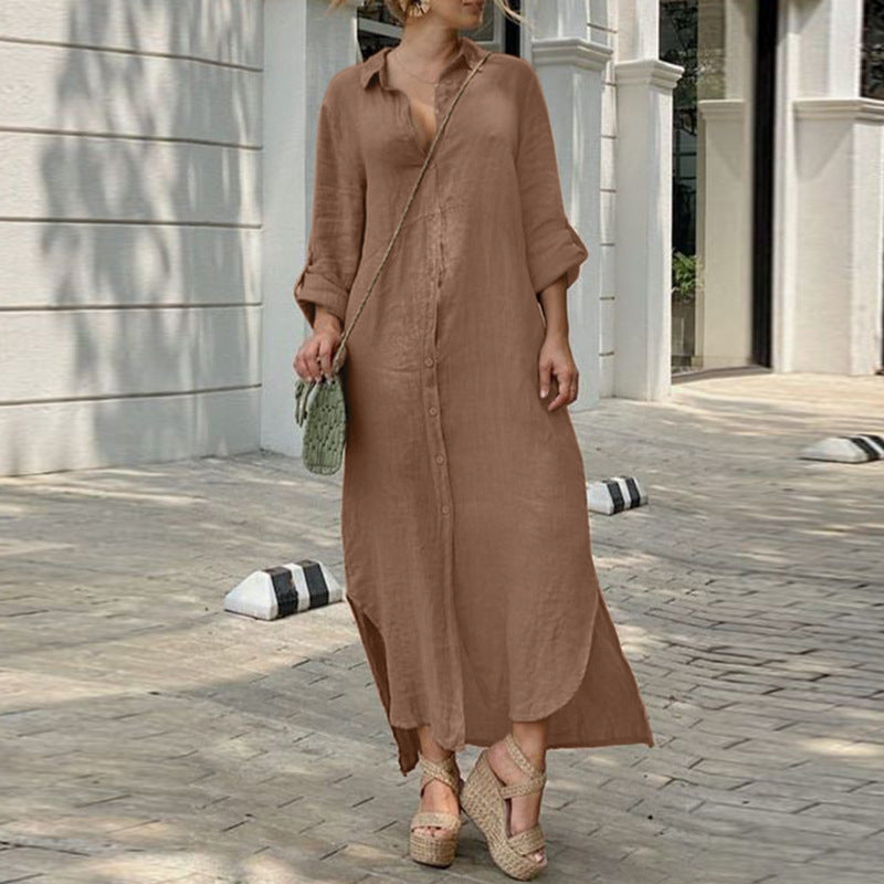 Vestido camisero largo informal de algodón y lino con solapa para mujer