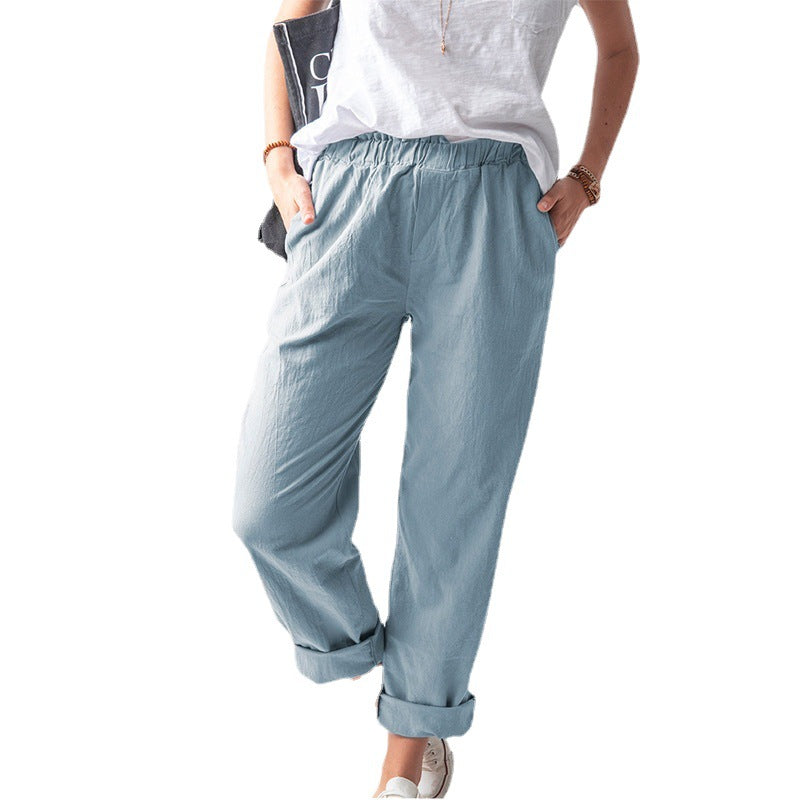 Women Casual Solid Color Cotton And Linen Pants