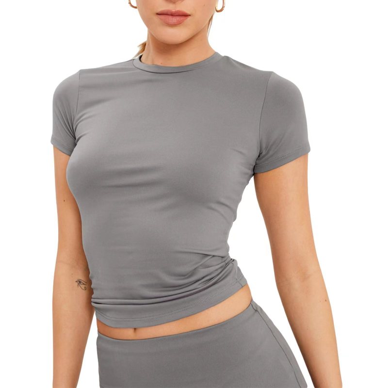 Summer Women Casual Solid Color Round Neck Short Sleeve Blank T-Shirt