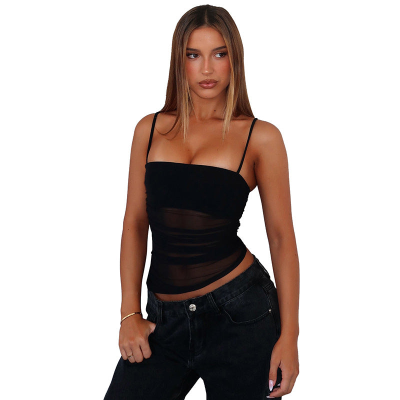 Women Summer Solid Color Mesh Pleated Camis