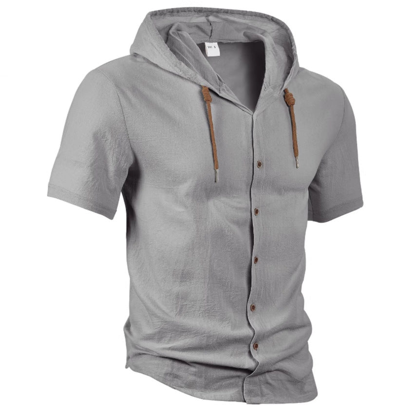 Sudadera con capucha informal de algodón y lino de manga corta para hombre, tendencia que combina con todo.