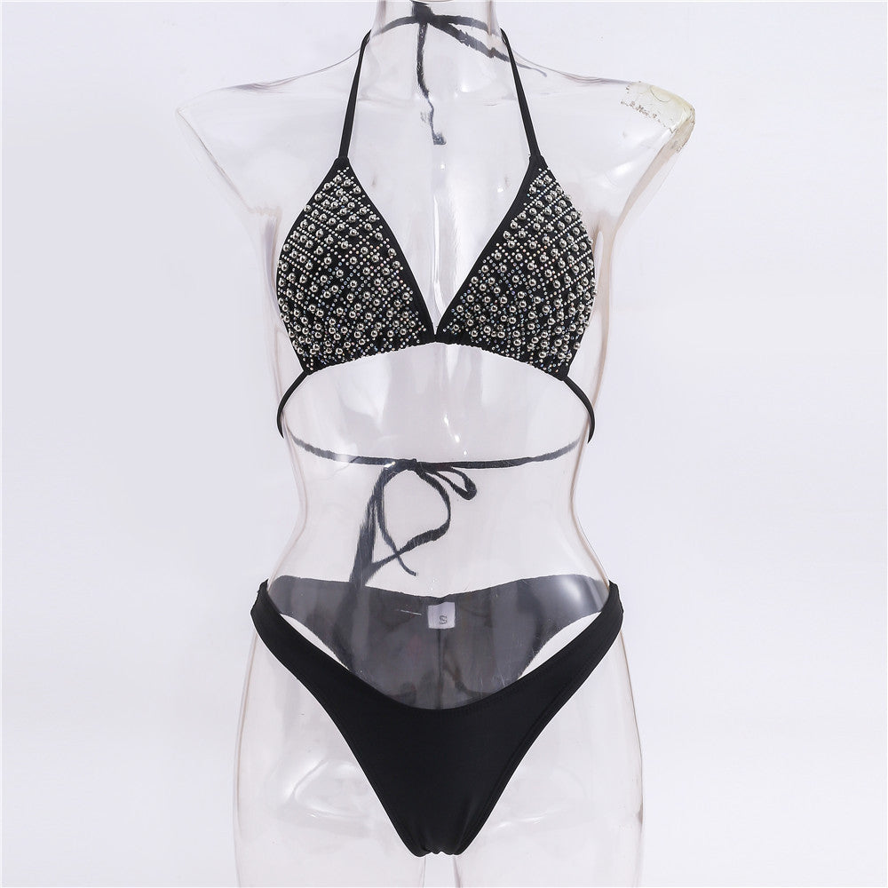 Traje de baño bikini sexy con cuello halter y perlas de diamantes de imitación a la moda para mujer