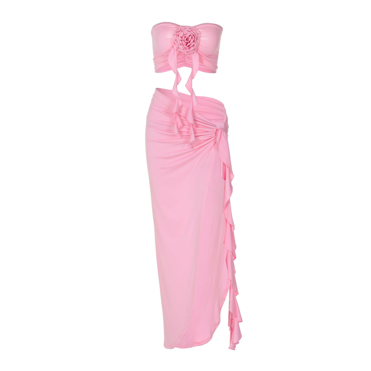 Ensemble haut tube plissé et jupe fendue à lacets pour femme, couleur unie