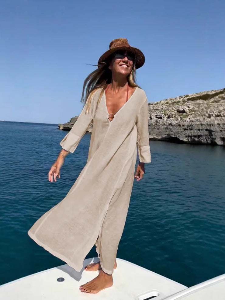 Batas de algodón y lino holgadas e informales a la moda para mujer