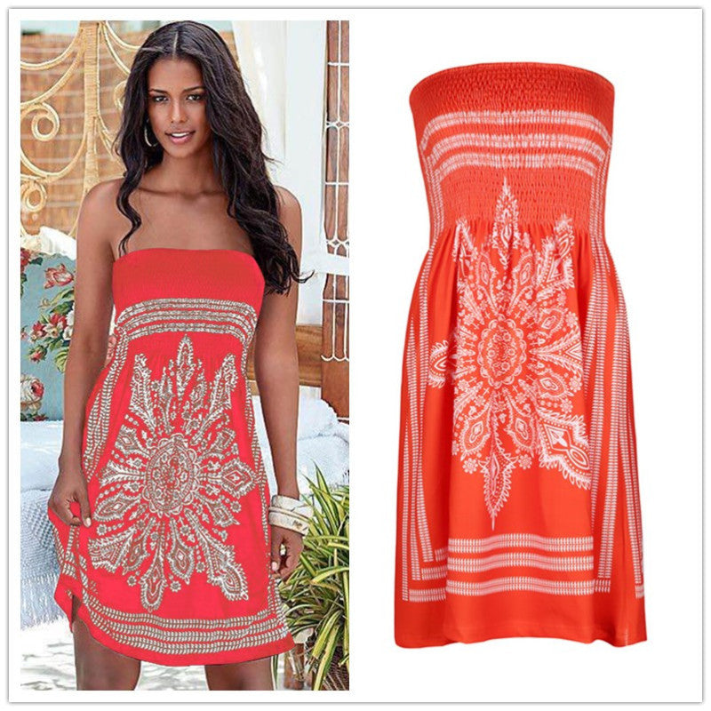 Women Casual Vintage Strapless Summer Loose High Waist Bohemian Beach Dress