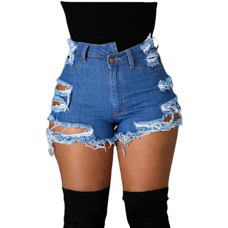 Women Summer Fashion High Waist Ripped Denim Shorts - Cotton & Viscose