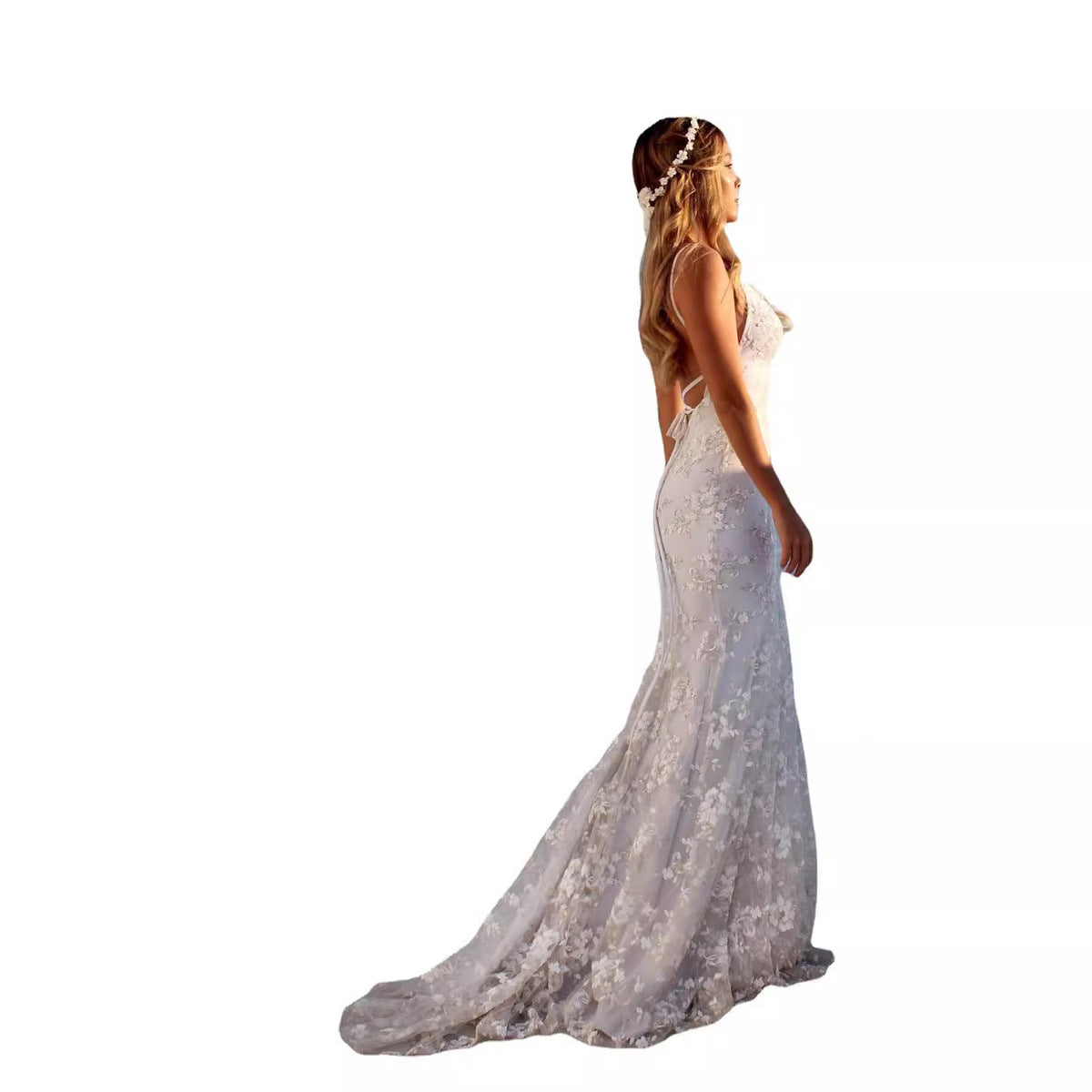 Women Fashion Sexy Solid Color Lace V Neck Backless Dress