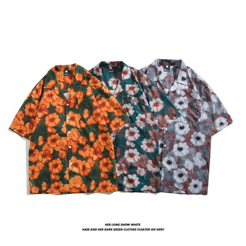 Men Casual Vintage Vacation Hawaii Tiny Flower Print Short Sleeve Lapel Shirt