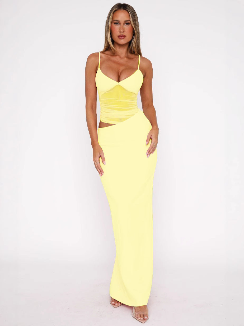 Women Fashion Solid Color Mesh Sleeveless Camisole and A-Line Skirt Set