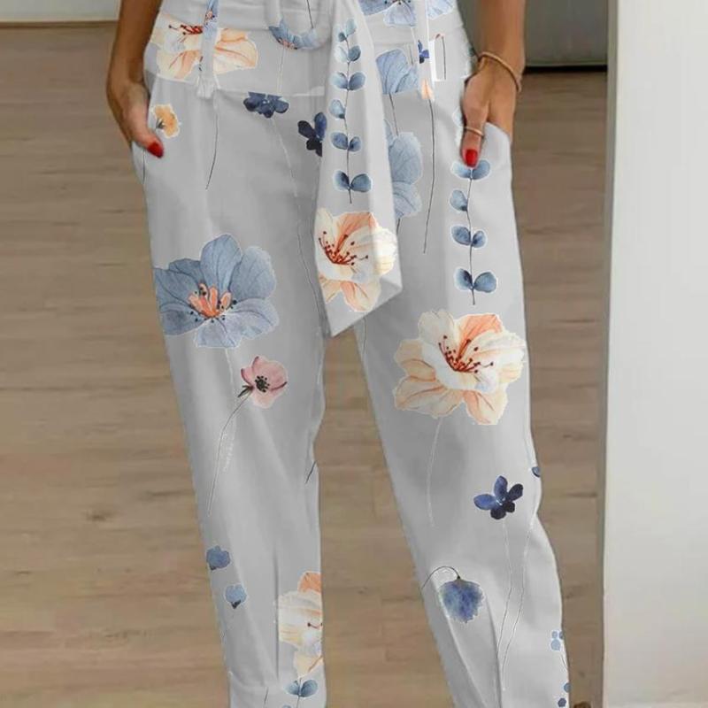 Pantalones casuales de lino con estampado floral de color liso de verano para mujer