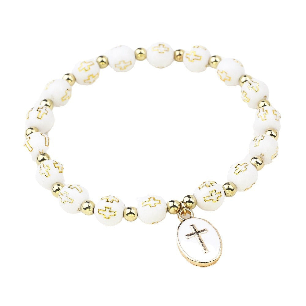Pulsera de cuentas con colgante de cruz ovalada de moda para mujer