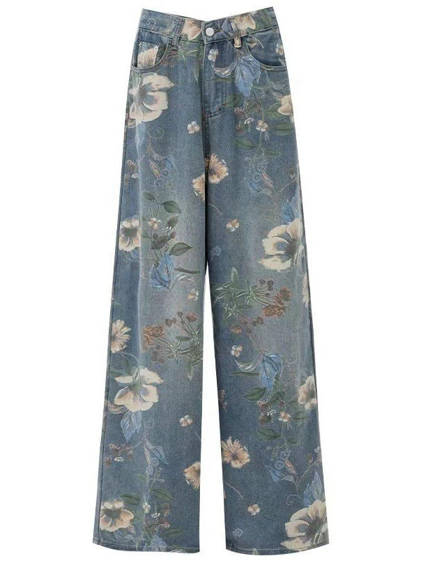 Women Retro Casual Floral Printed High Waist Wide Leg Jeans