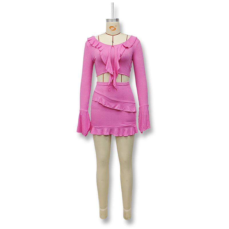 Conjunto de dos piezas de top y falda de manga larga con volantes sexy de verano para mujer