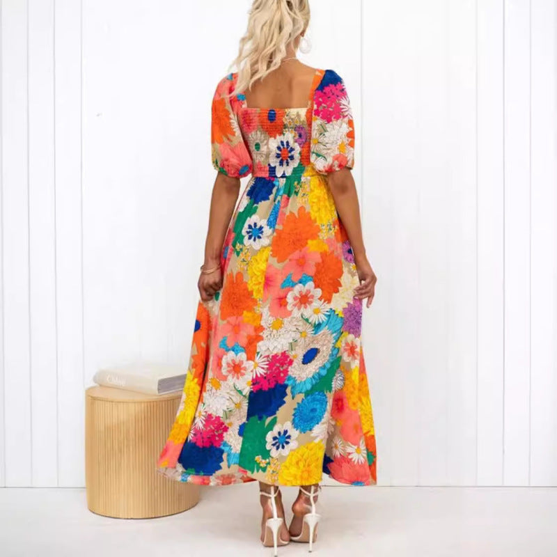 Women Casual Fashion Printed V-Neck Puff Sleeve Maxi Dress