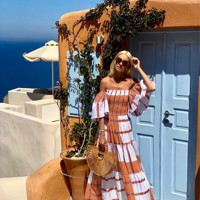 Vestido largo informal de verano para mujer, con rayas, hombros descubiertos, manga corta y volantes