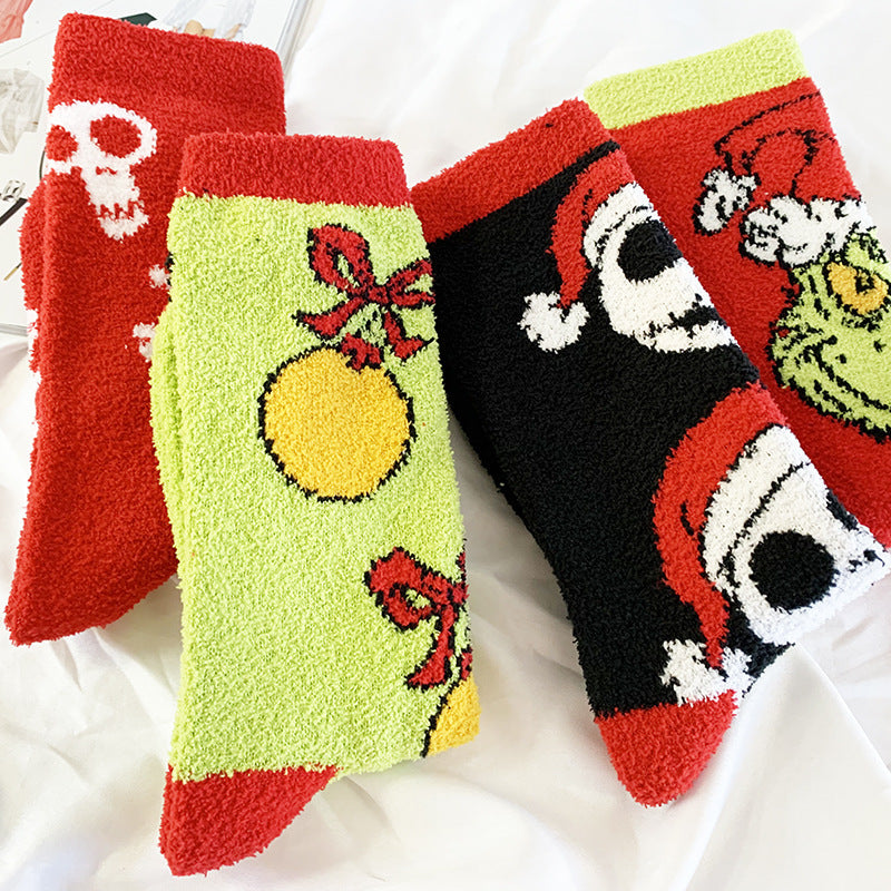 Calcetines de polar coral cálidos con dibujos animados de Halloween y Navidad con personalidad de moda