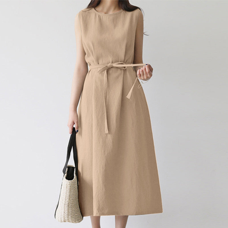Women Casual Fashion Loose Bohemian Sleeveless Belt Round Neck Dress