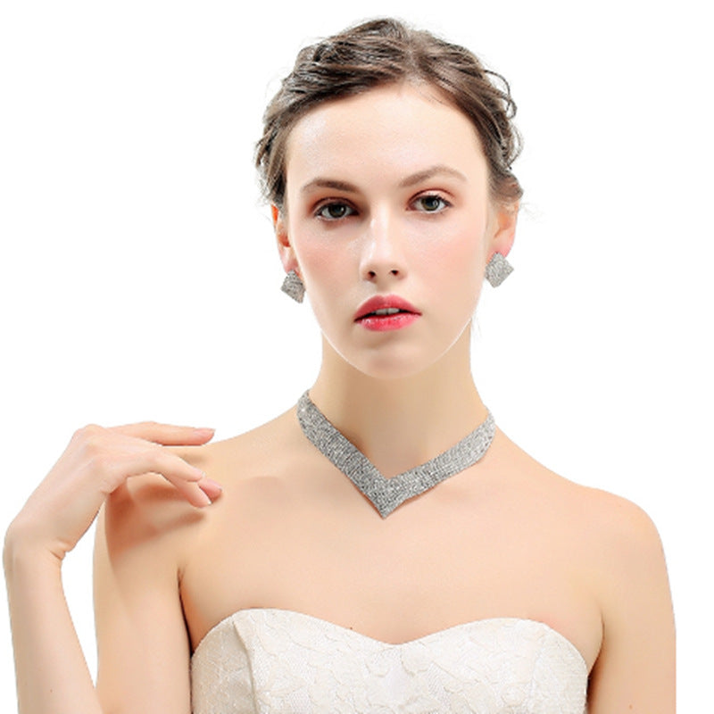 Women Fashion Elegant Rhinestone Earrings Necklace Set