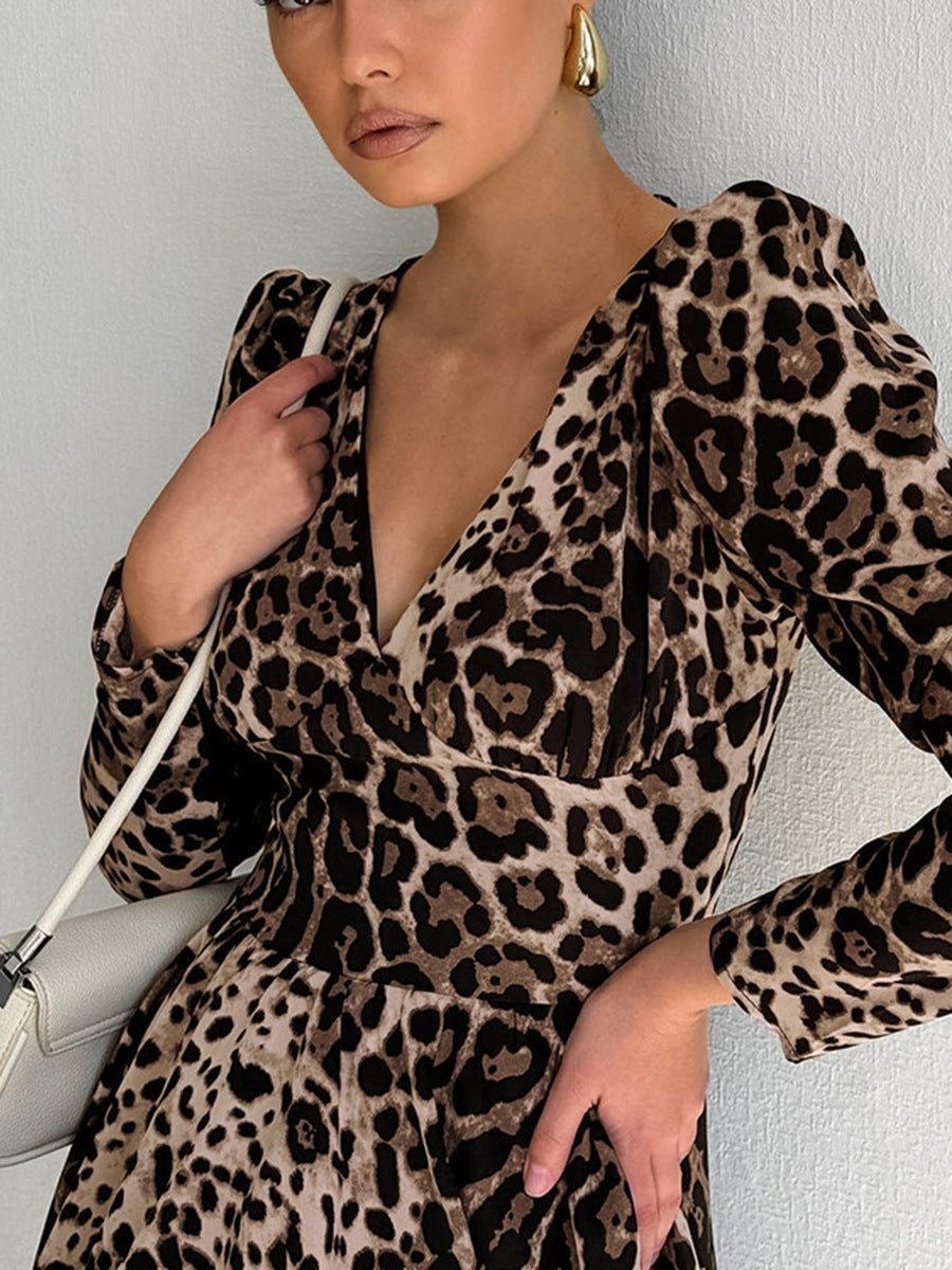 Vestido de manga larga con estampado de leopardo para mujer