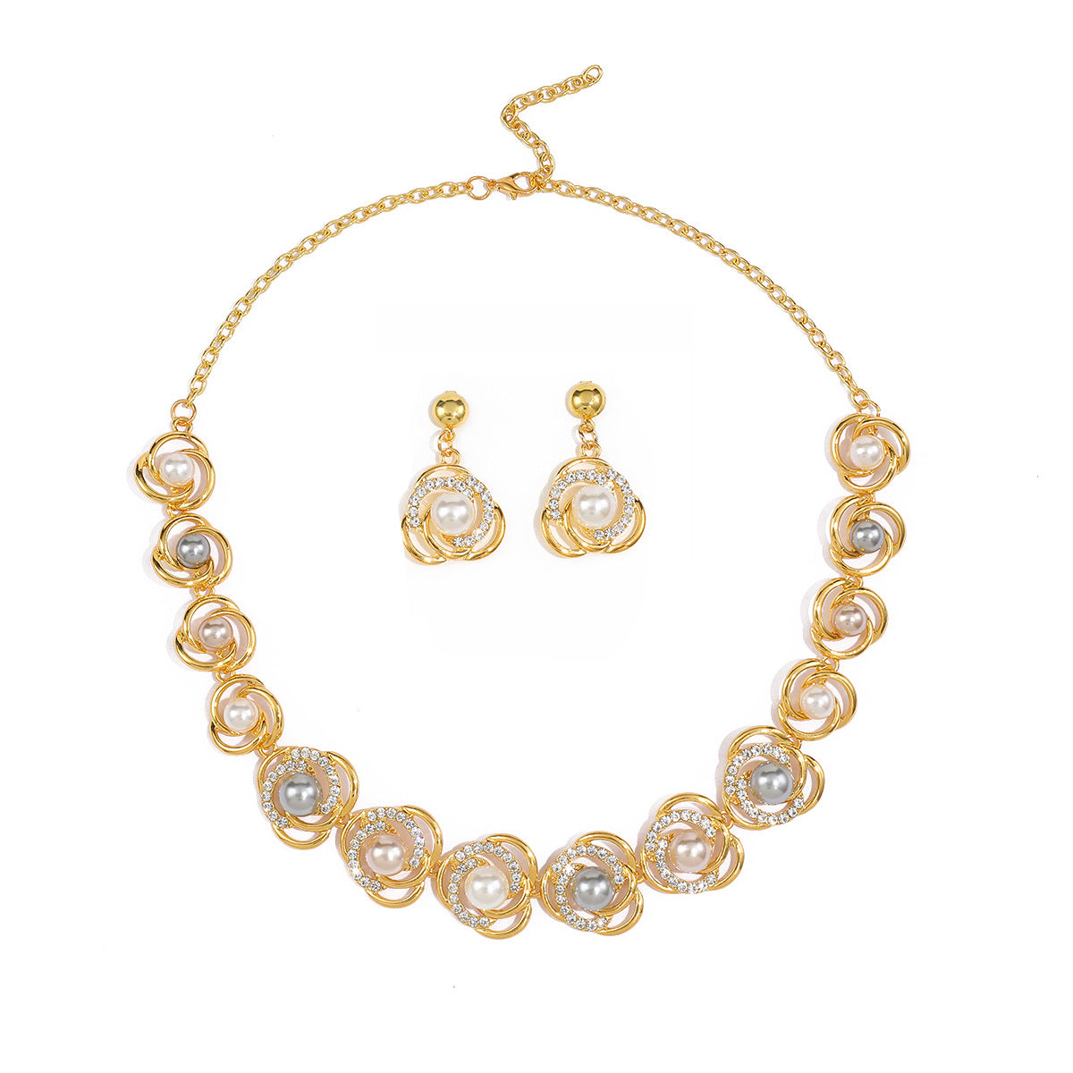 Women Fashion Elegant Alloy Plating Pearl Zircon Earrings Necklace Set