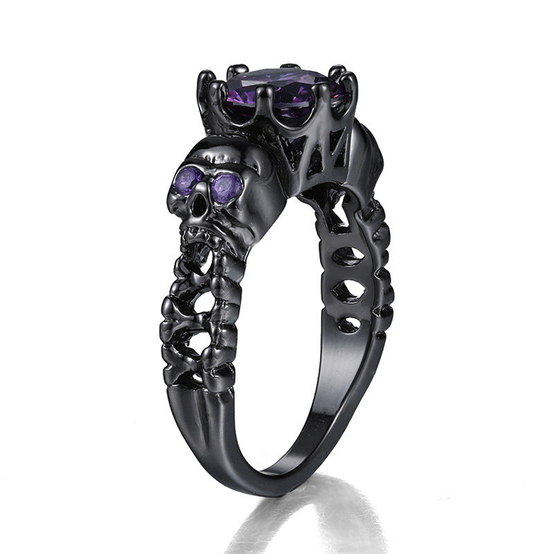 Anillo unisex de calavera de cobre con circonita morada para Halloween