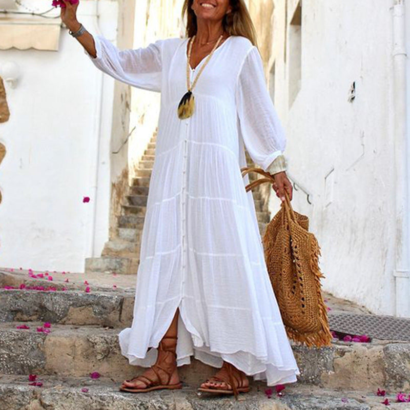 Vestido largo bohemio de verano para mujer, informal, de color liso, con escote en V y manga larga