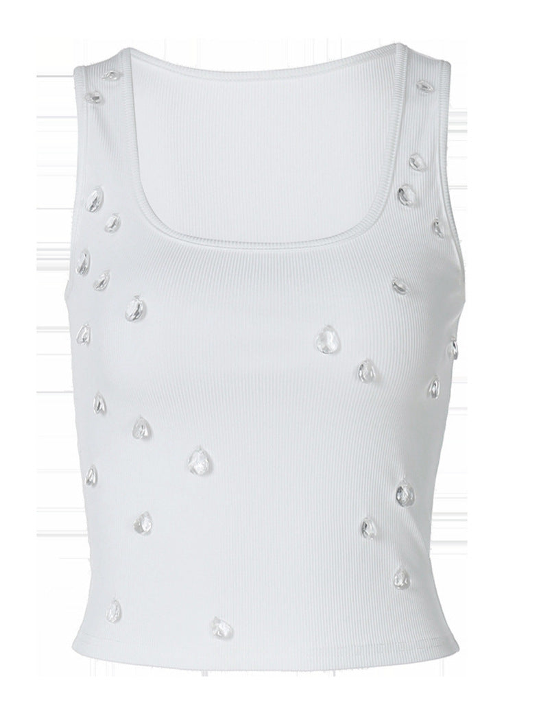 Camiseta sin mangas sexy con cuello en U y cuentas para mujer