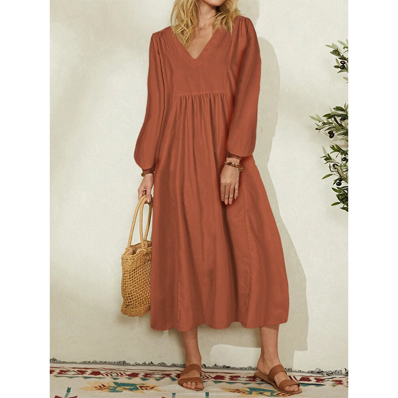 Vestido largo informal de algodón y lino con cuello en V para mujer