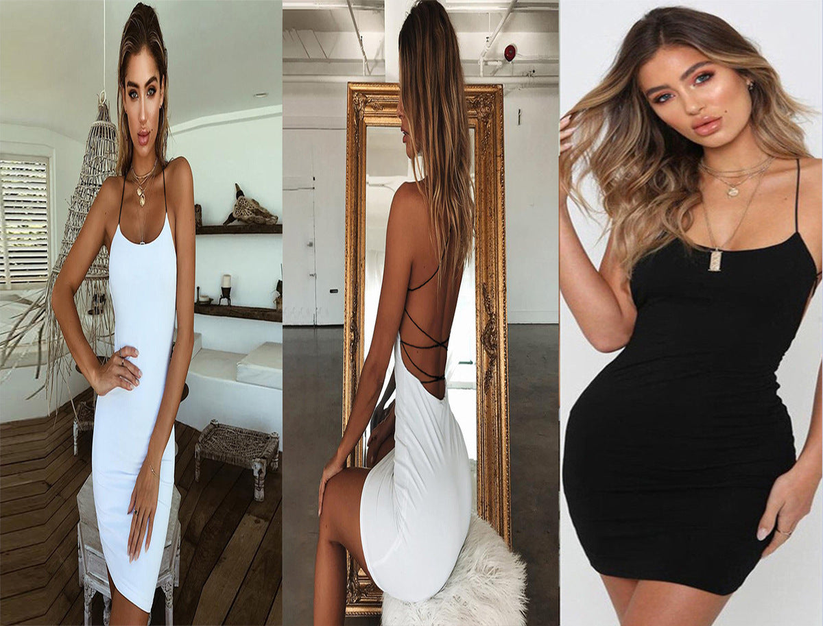 Summer Women Sexy Solid Color Backless Bodycon Dress