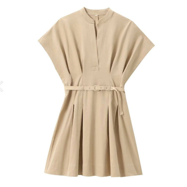 Robe d'été plissée à col en V pour femme, style bureau chic, en coton uni