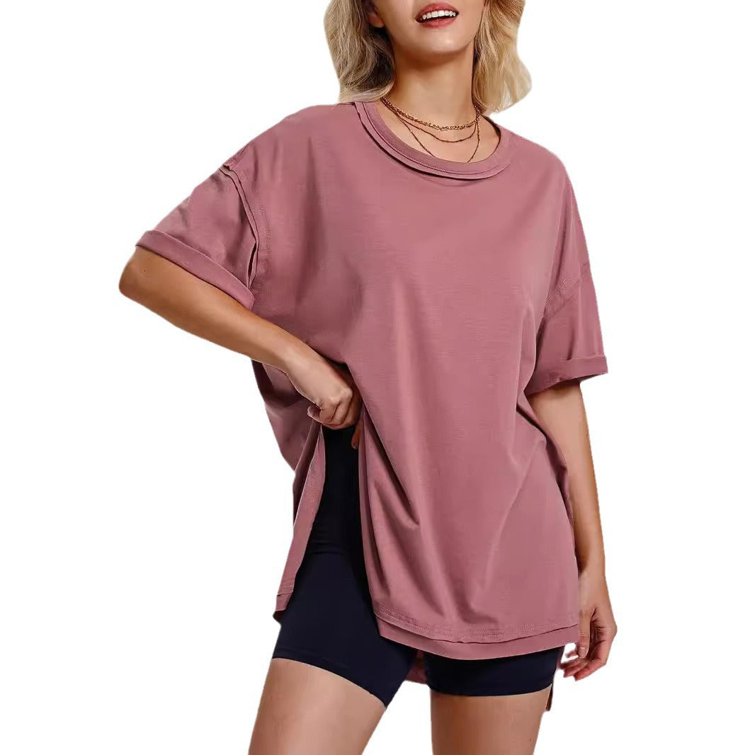 Women Casual Solid Crewneck Loose Tee in Cotton