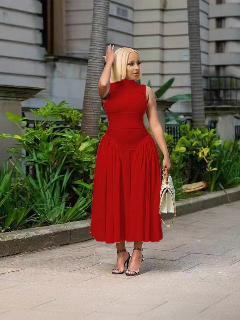 Women Fashion Elegant Solid Color Pleated Dress