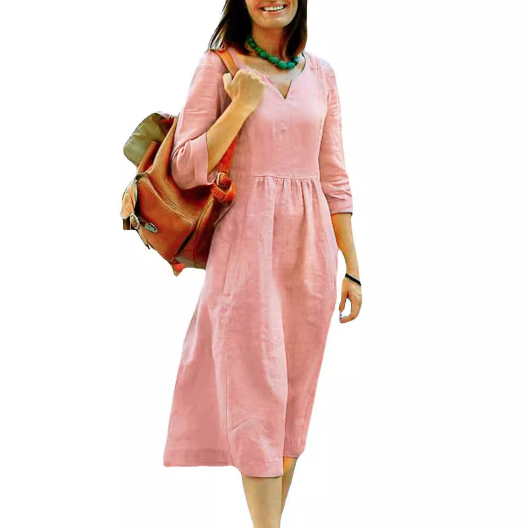 Robe mi-longue d'été en coton et lin à col en V pour femme grande taille
