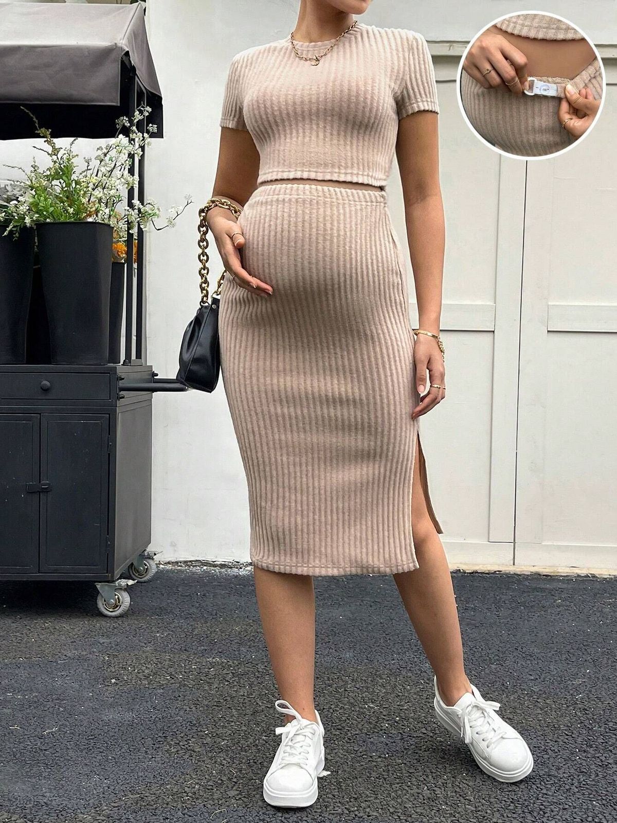 Mid-Length Slim-Fit Adjustable Waist Short-Sleeved Top Skirt Set