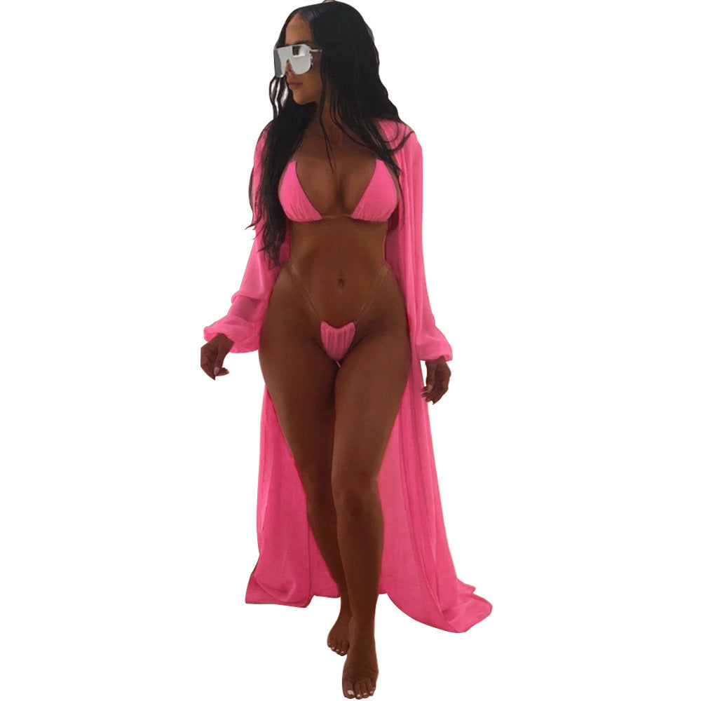 Conjunto de traje de baño de malla de color sólido sexy de moda para mujer