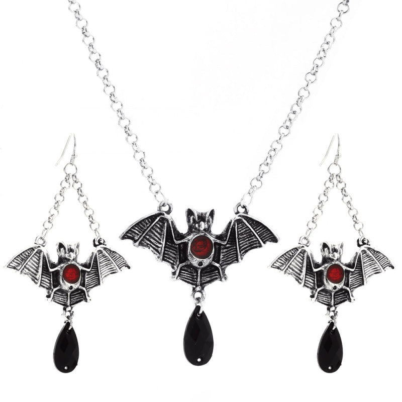 Women Gothic Halloween Bat Necklace Earrings Set