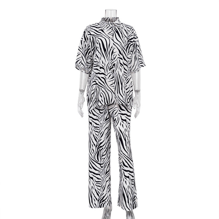 Women Casual Satin Stripe Blouse and High Waist Pants Set