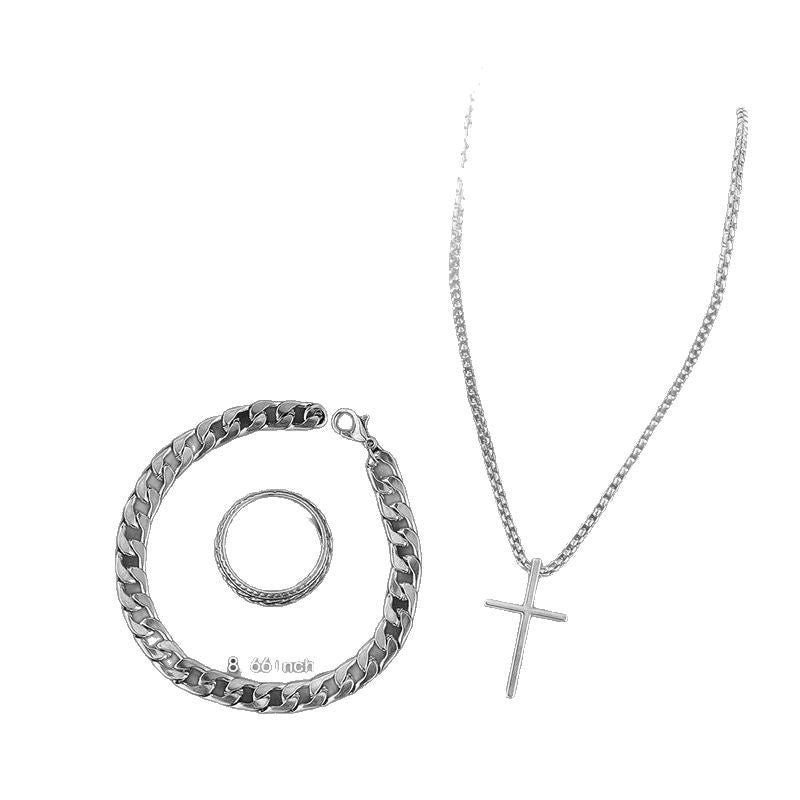 Conjunto de collar, pulsera y anillo con cruz de hip hop de moda