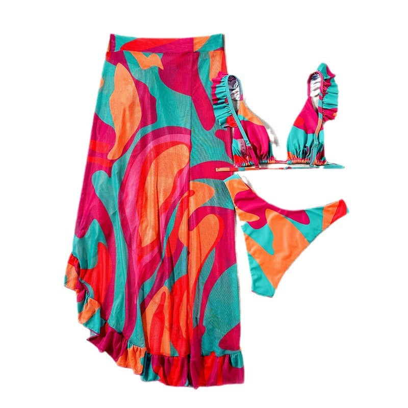Traje de baño sexy con estampado multicolor para mujer, conjunto de tres piezas